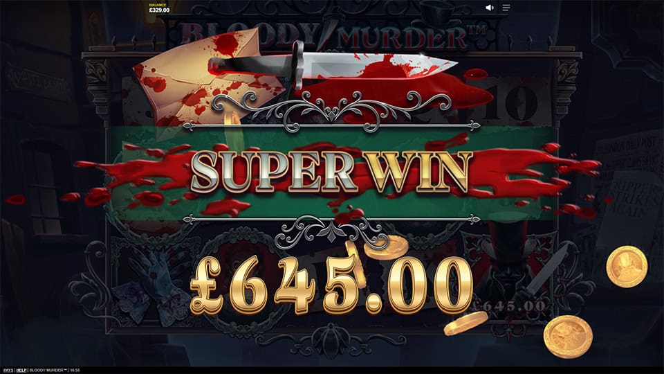 Bloody Murder super win banner with blood splatter, large knife and golden coins flying.