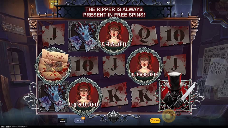 Bloody Murder free spins round with killer symbol appearing among winning character portraits.