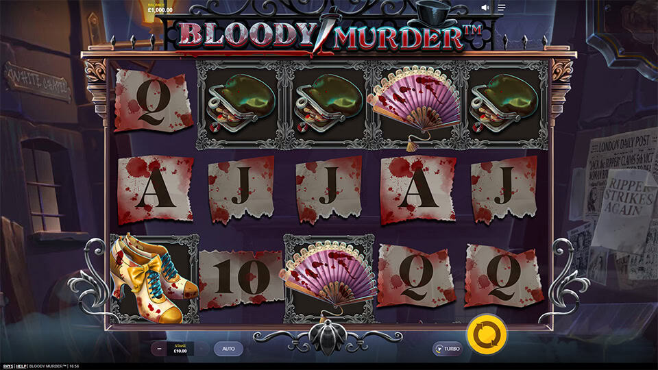 Bloody Murder reels showing blood-stained symbols, fans, shoes and letter icons.
