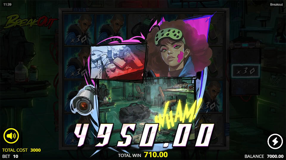 Breakout big win screen with comic-style WHAM effect and coins flying around.