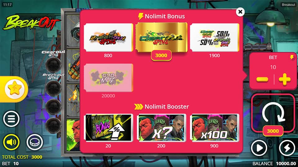 Breakout bonus menu with Clearout Spins, Breakout Spins and multiplier booster selections.