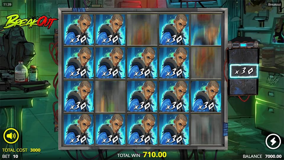 Breakout reels packed with x30 multiplier symbols featuring the blue-hooded character.