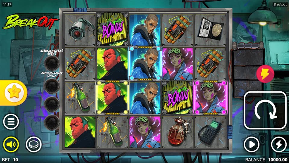 Breakout reels filled with gang members, explosives, cameras and colorful neon bonus icons.