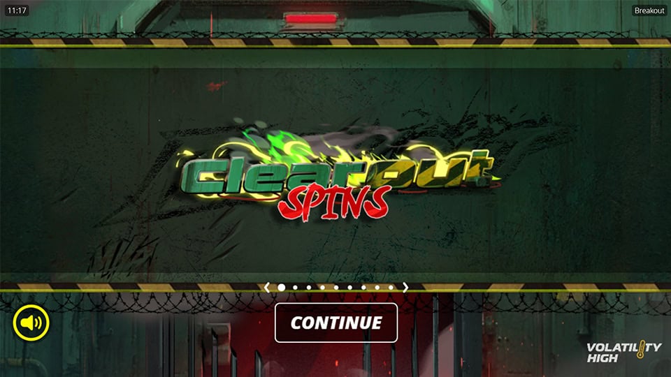 Breakout intro showing Clearout Spins logo on a green industrial background with caution tape.