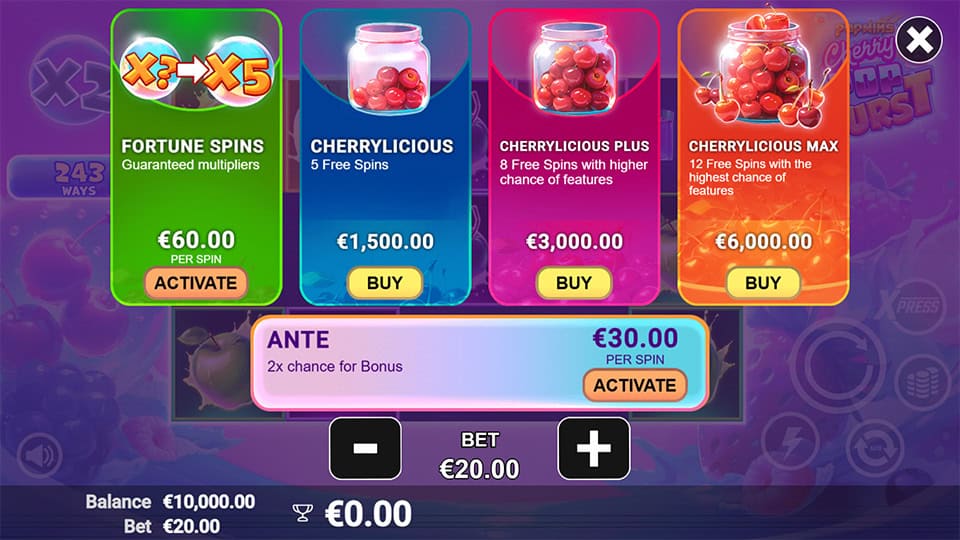 Bonus buy menu showing different Cherrylicious free spin packages and multiplier spin options.