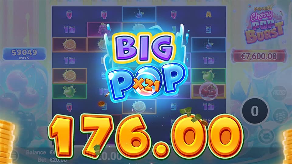 Highlighted “BIG POP x21” multiplier on reels with popping fruit symbols and bright background effects.