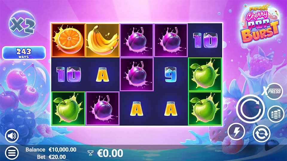 Base game view with colorful fruit symbols like oranges, apples and plums on a vibrant purple-pink reel grid.