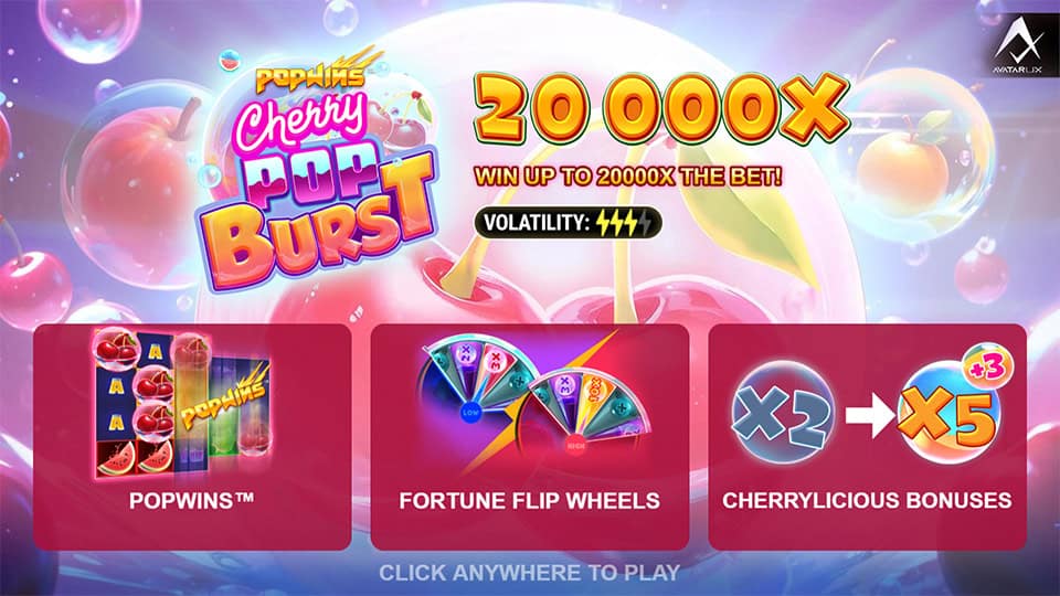 Intro screen showcasing CherryPop Burst features like PopWins, Fortune Flip Wheels and Cherrylicious Bonuses.