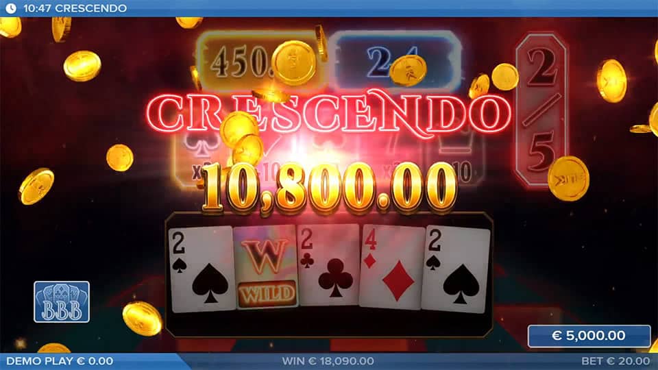 Win screen with golden coins flying, neon cards displayedand the word “CRESCENDO” flashing in red above the reels.