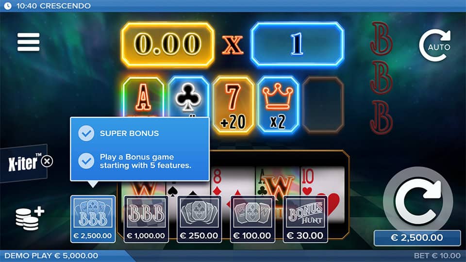 X-iter feature menu showing multiple buy options including Bonus Hunt, Standard Bonusand Super Bonus with different starting features.