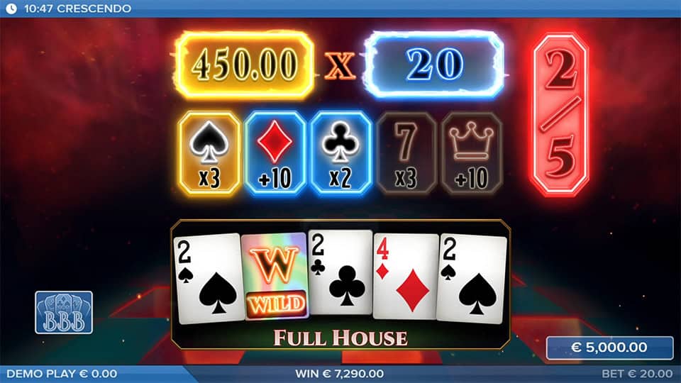 Gameplay featuring a winning hand with a Full House, multipliers highlighted in neon framesand values shown above the reels.