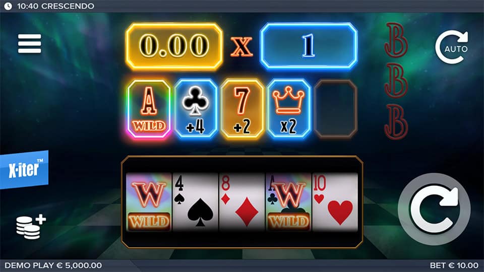 Base game screen with neon-styled card symbols, Wilds, multipliersand a futuristic glowing backdrop.