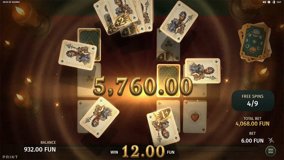 Deck of Scurra big win screen with animated cards spinning around golden prize text.