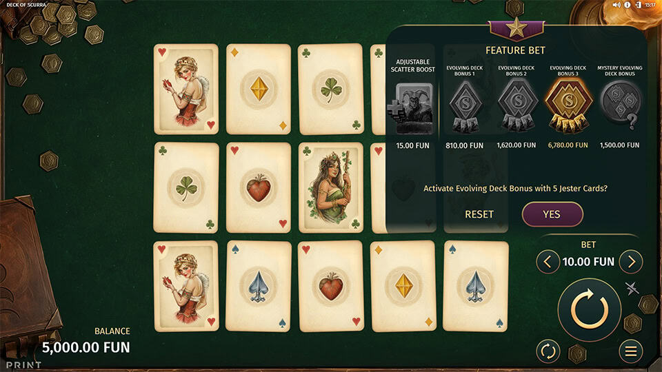 Deck of Scurra feature bet menu with evolving deck bonus and scatter boost options.