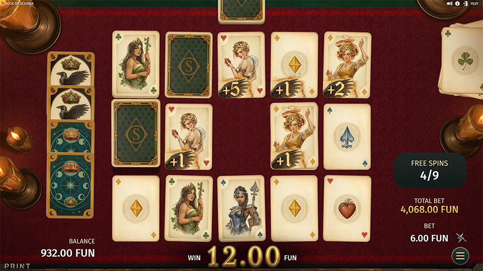 Deck of Scurra reels showing crow, lunar and coronation cards upgrading matching symbols.