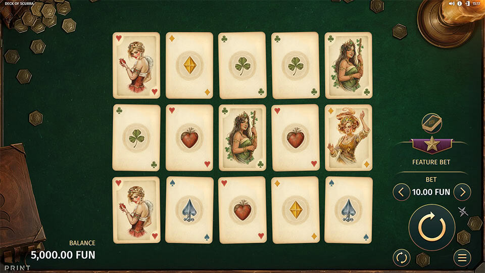 Deck of Scurra reels with classic playing cards and illustrated character symbols on table.