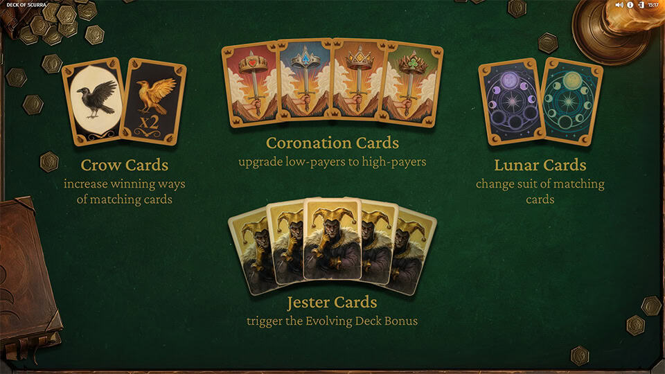 Deck of Scurra intro explaining Crow, Coronation, Lunar and Jester special card features.