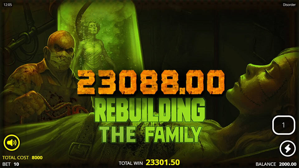 Disorder slot win screen featuring a grim laboratory scene with stitched bodies and green-tinged lighting.