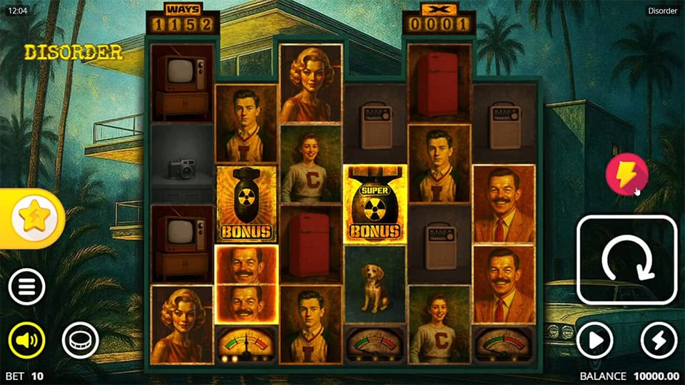 Disorder slot base game with retro character symbols, old TV sets, and vintage nuclear motifs.