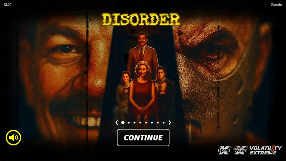 Disorder slot intro screen with masked villain and smiling 1950s-style family portrait overlayed together.