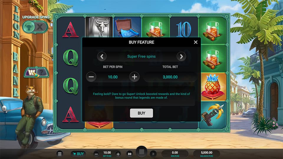 Iron Bank 2 feature buy menu offering different free spins modes with increasing volatility.