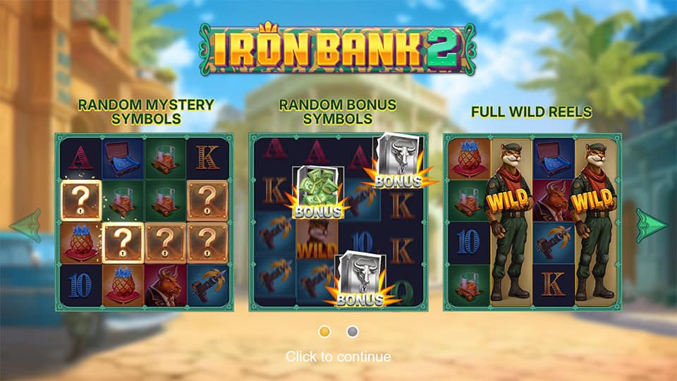 Iron Bank 2 intro screen highlighting bonus features including mystery symbols, wild reels, and bonus triggers.