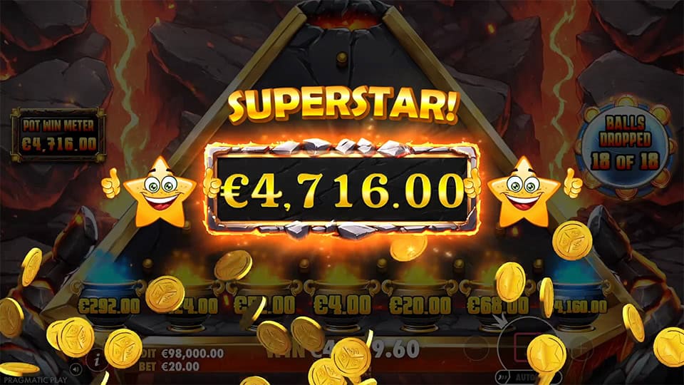 Lava Balls slot superstar win screen with smiling star mascots, golden coins flyingand glowing win banner.