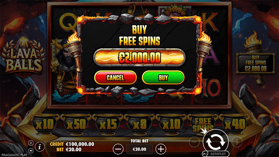 Lava Balls slot buy feature screen offering free spins purchase with flaming torches framing the panel.