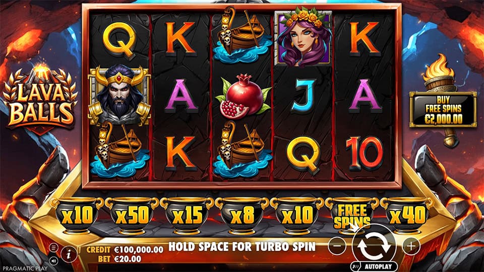 Lava Balls slot grid with Greek-themed characters, shipsand fruit symbols, with bonus multipliers displayed below the reels.