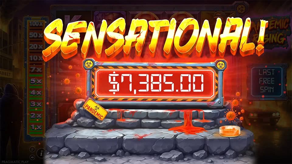 Pandemic Rising slot sensational win banner glowing in yellow and orange above a cracked stone platform with virus symbols.