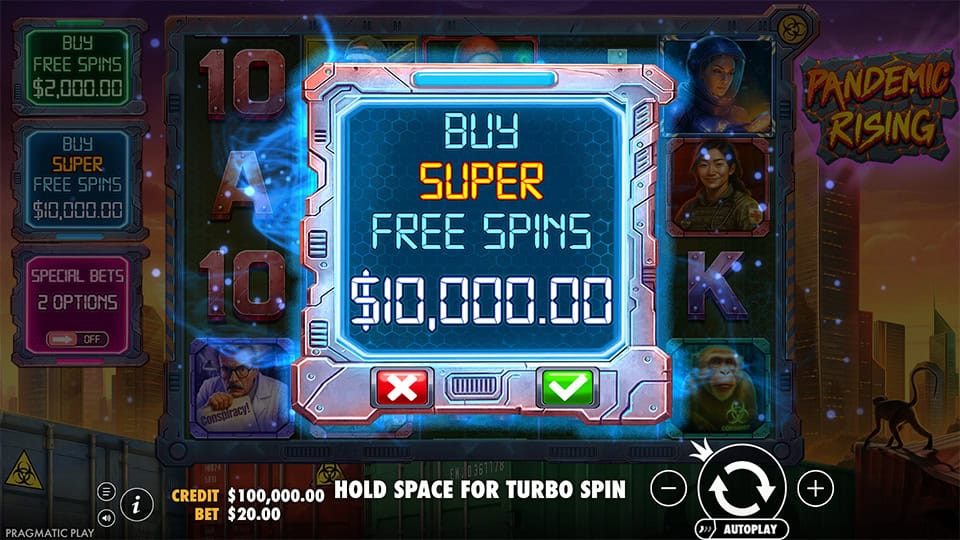 Pandemic Rising slot buy feature screen highlighting the Super Free Spins purchase option on futuristic digital panel overlay.