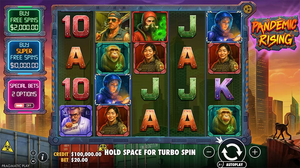 Pandemic Rising slot grid with character, hazardand lab symbols on reels, surrounded by neon-lit city backdrop.