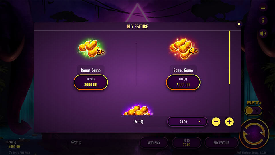 Bonus buy menu with two golden peanut feature entries and bet adjustment panel.