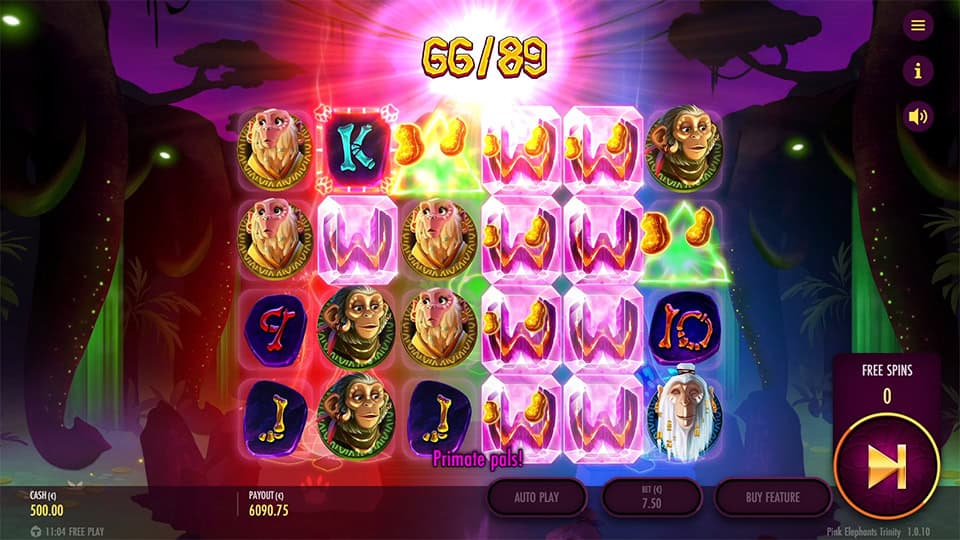 Two highlighted peanut symbols triggering power-ups on glowing reels with bonus progress bar.