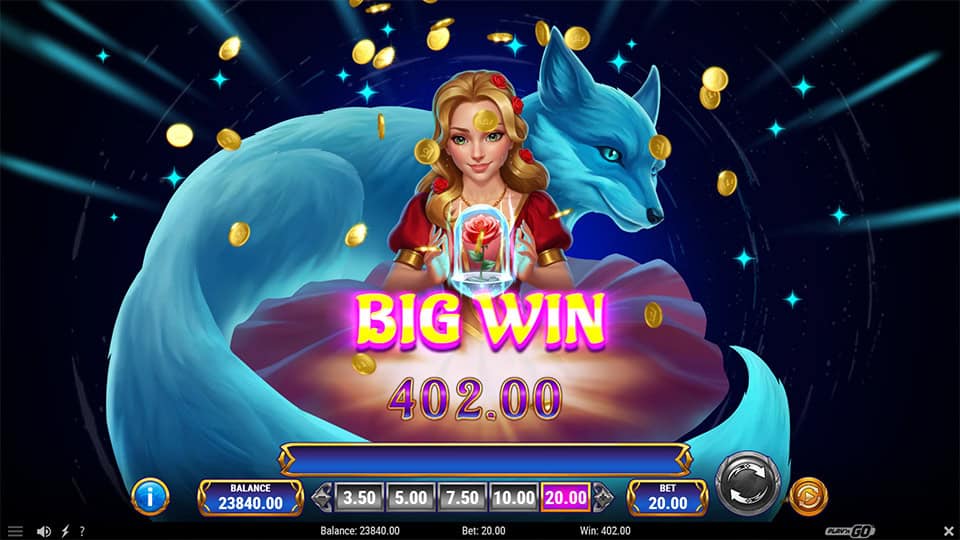Big Win banner with a woman holding a rose inside a glass dome, golden coins flying and a mystical blue fox behind her.