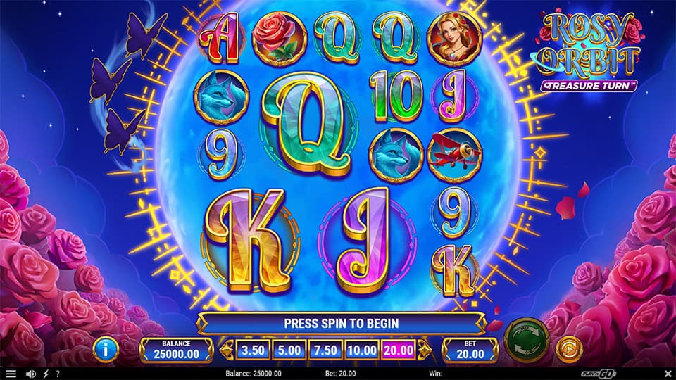 Circular reel layout filled with vibrant symbols including roses, fox, woman and card letters, set in a rose garden with a glowing blue planet.