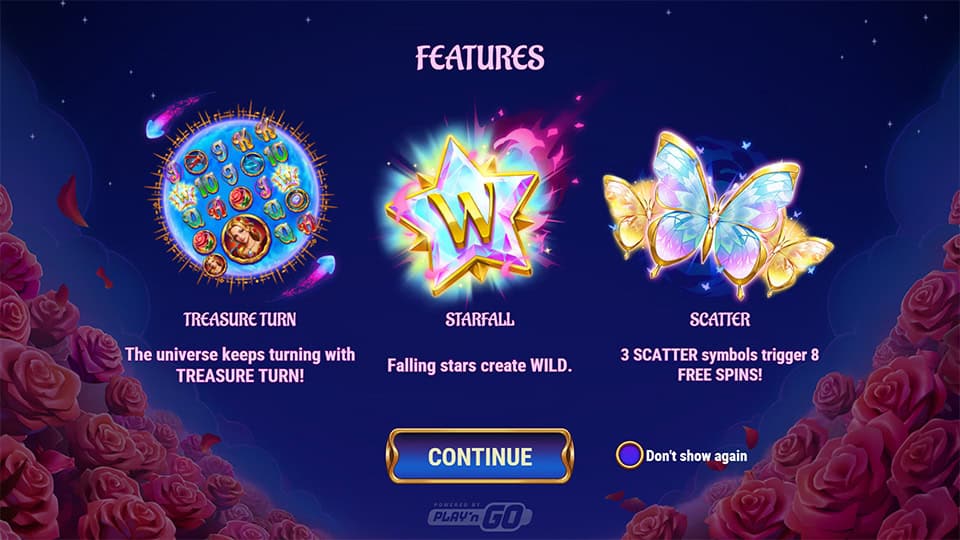 Intro screen showing main features Treasure Turn, Starfall Wilds and Butterfly Scatters framed by roses against a starry sky.