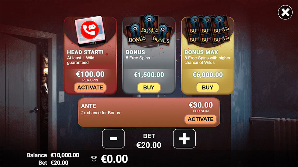 Bonus buy menu offering multiple free spin and feature activation choices, each with unique enhancements.
