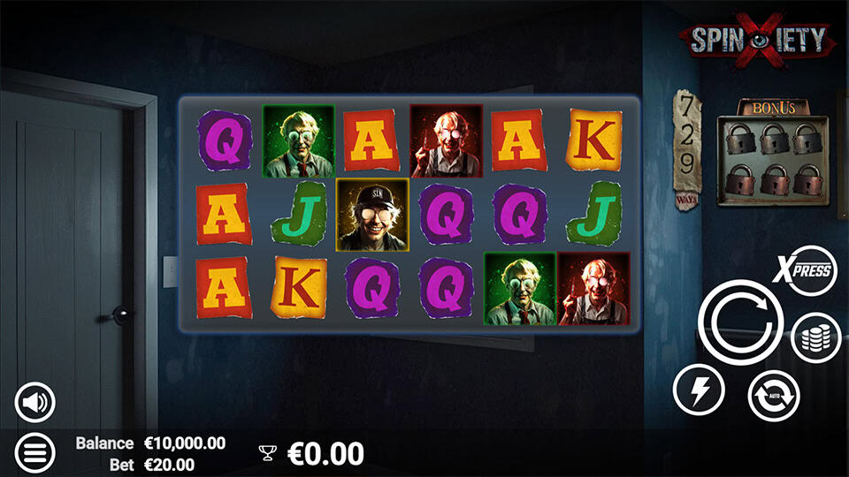Main game view with horror-themed characters, letter symbols and locked bonus tracker on the right side.