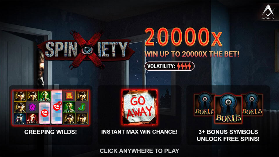Intro screen featuring Spinxiety logo and key game features: Creeping Wilds, instant max win chance and free spins.