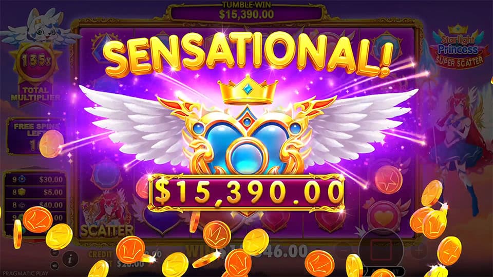 Starlight Princess Super Scatter sensational win screen with winged crown and golden coins.