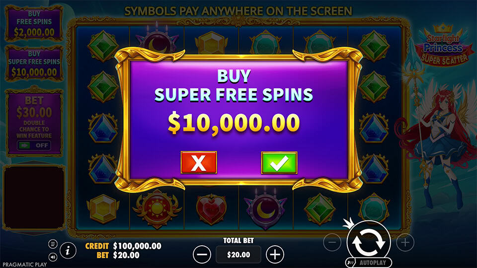 Starlight Princess Super Scatter buy menu showing option to purchase super free spins.