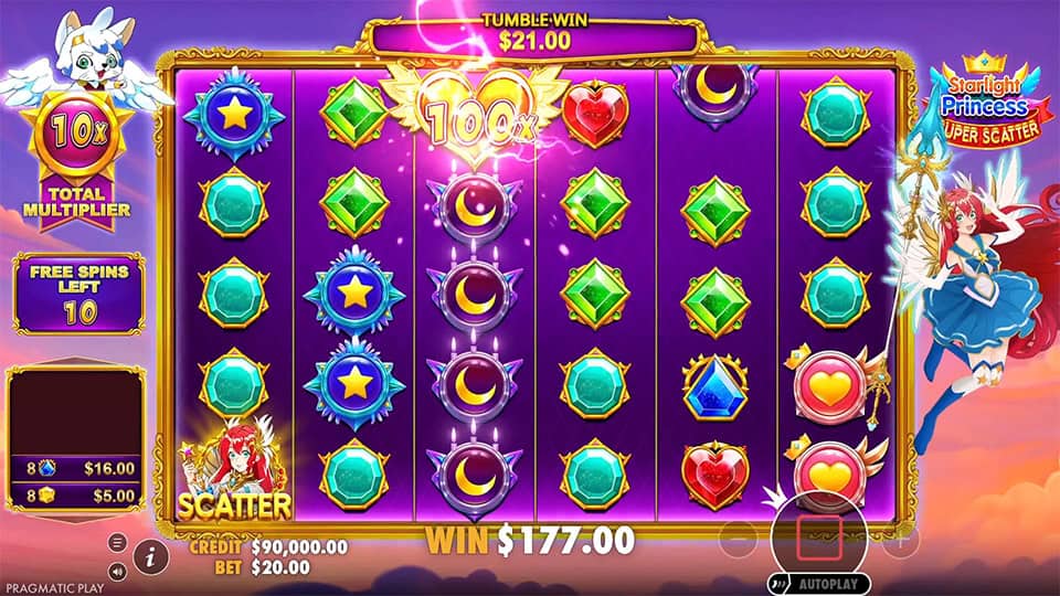 Starlight Princess Super Scatter reels with 100x multiplier and various gem symbols.