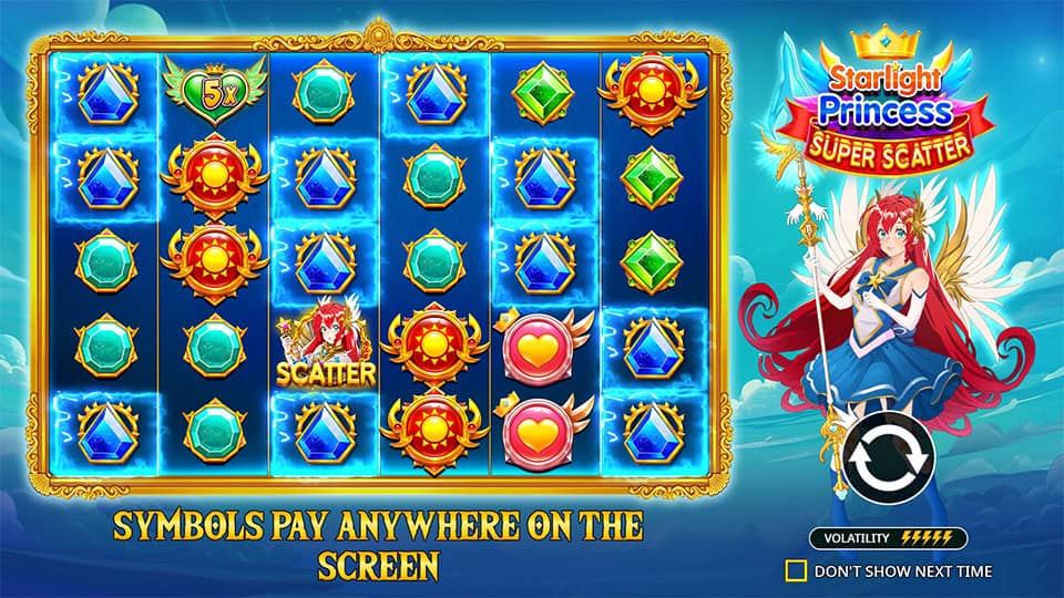 Starlight Princess Super Scatter intro with scatter symbols, paylines and volatility meter shown.