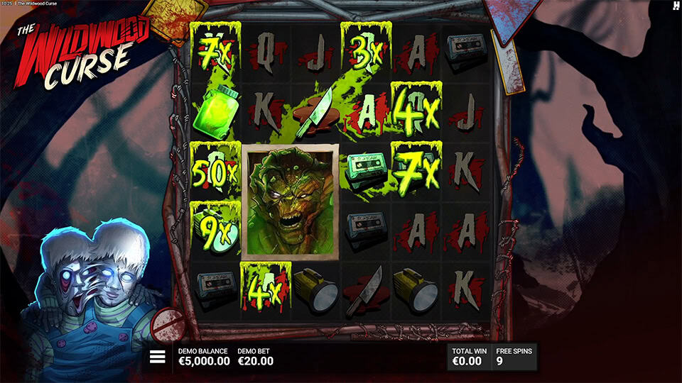 Gameplay with green monster symbol triggering multipliers across the reels during a special feature round.