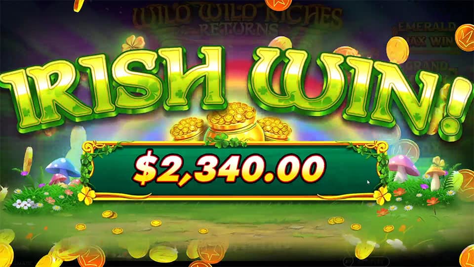 Irish Win banner with gold coins bursting out over a rainbow-filled background and forest mushrooms.