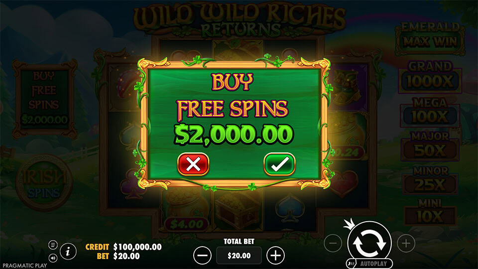 Buy Free Spins screen with confirmation panel and styled green wooden frame.