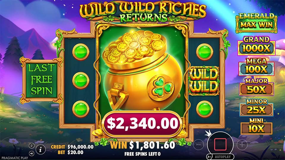 Free spins round showing Wild Wild reels and golden pot symbol with active bonus meters and multipliers.