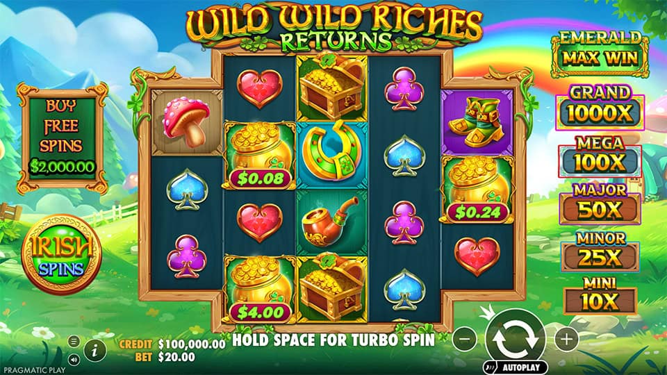 Reels filled with coins, mushrooms, hearts, pipes and clover-themed money symbols on a sunny village scene.