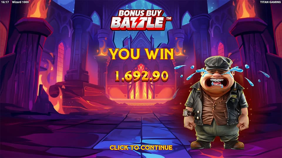 Bonus Buy Battle ending screen showing “You Win” message with Billy character crying in frustration after a completed round.